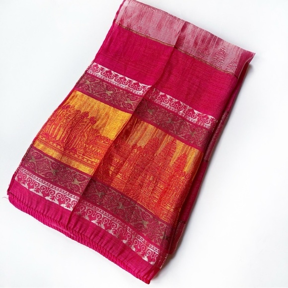 Accessories - Silk Scarf Lightweight Moroccan India Design Damask Red Gold Orange